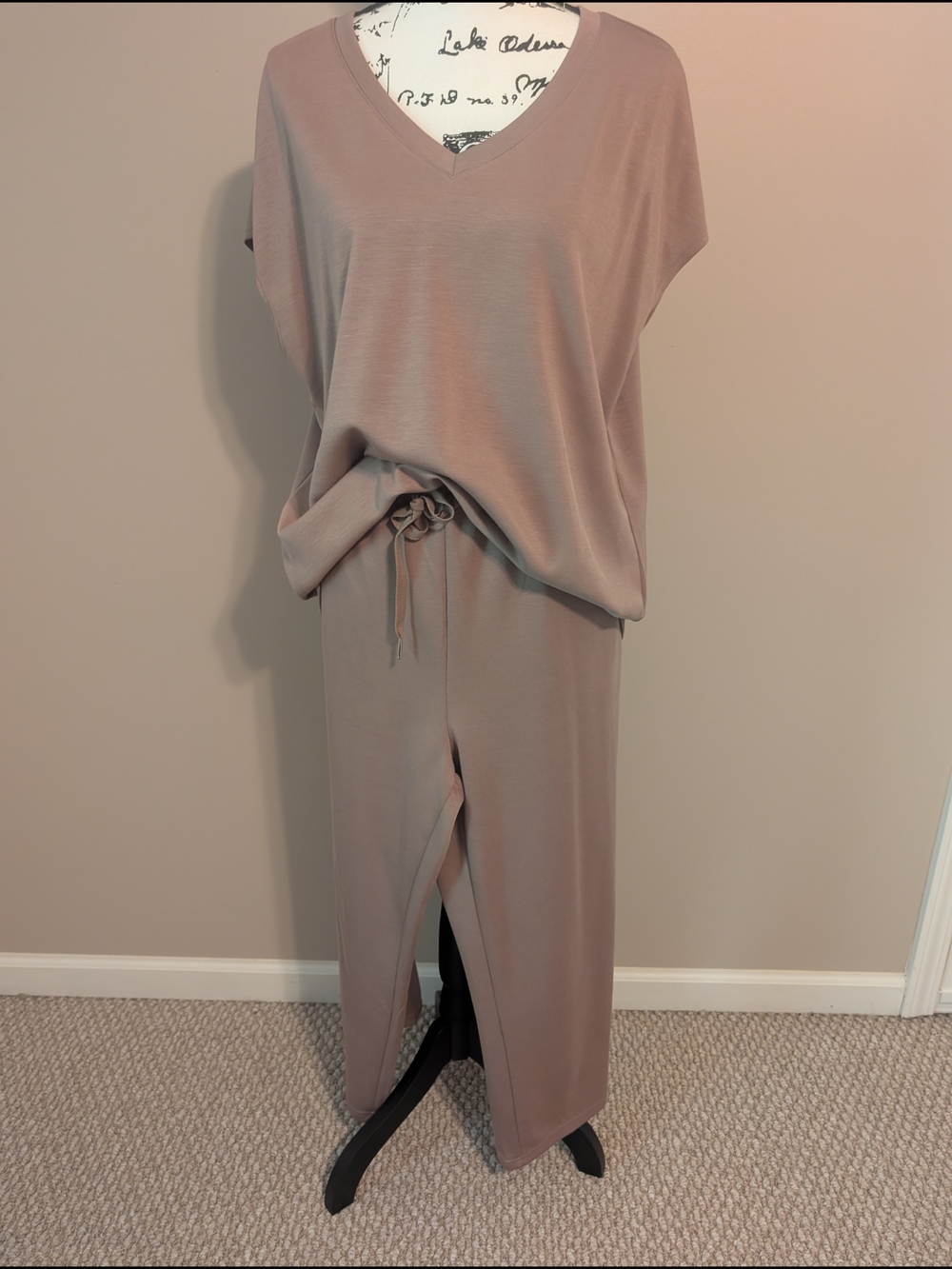 Saloogoe Two Piece Lounge Set - V Neck Top, Wide Leg Pants